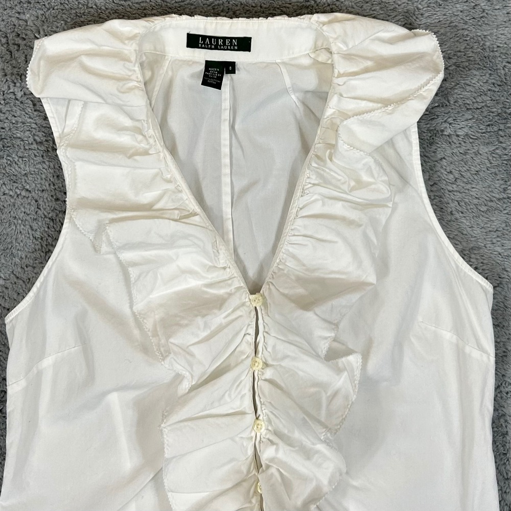 Lauren Ralph Lauren White Ruffle V-Neck Sleeveless Cotton Blouse Size 8